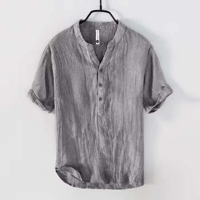 T-Shirt Vintage en lin pour hommes, pull décontracté à manches courtes, col en v, mince et respirant