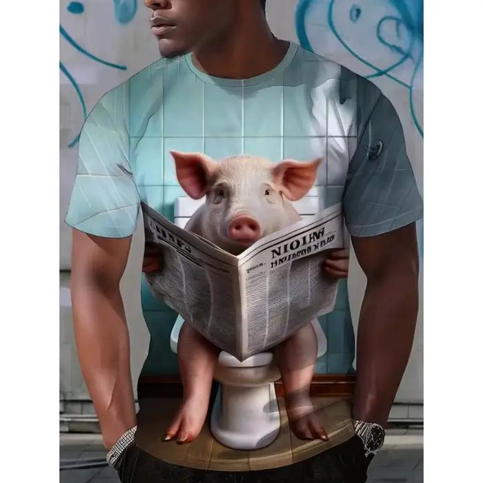 Nouveau T-shirt Homme Amusant Motif Cochon Dessin Animé 3D Imprimé Manches Courtes Col Rond en Polye