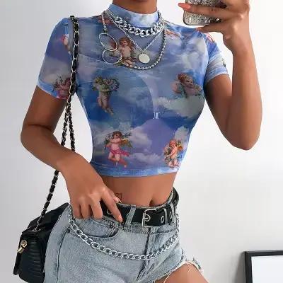 T-shirt manches courtes col haut femme, streetwear, sexy, en maille, imprimé ange, Harajuku, offre s