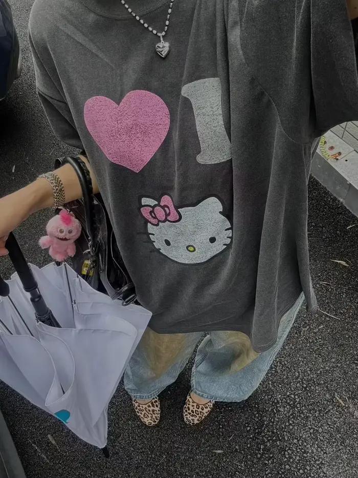 T-shirt Y2K Hello Kitty avec impression Anime, col rond ample, dessin animé original, à la mode, con