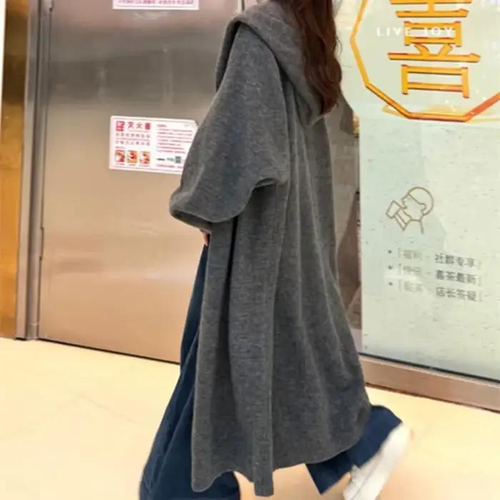 Cardigan à capuche style long pour femme, pull gris, veste d'hiver, noir, mode automne, nouveau, méd