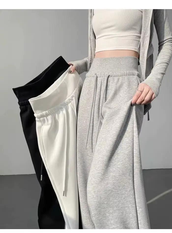 Pantalon de sport gris taille haute pour femmes, ample, amincissant, jambes droites, jambes larges, 