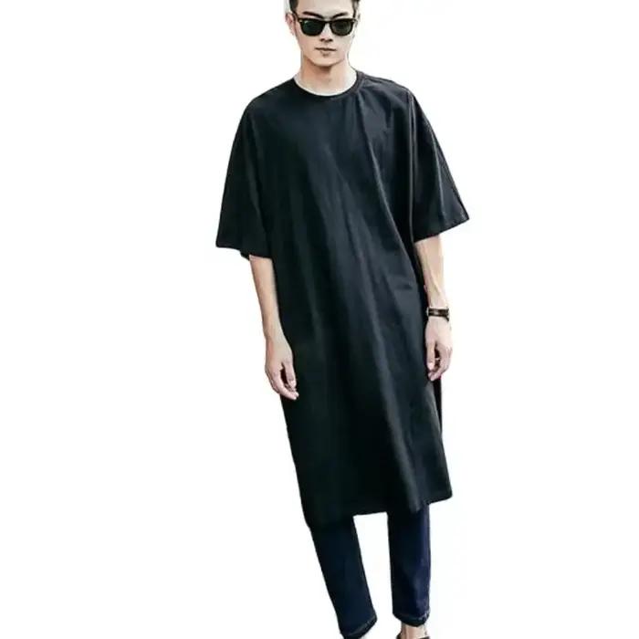 T-shirt Punk Hip Hop Long pour Homme et Femme, en Coton, Décontracté, avec Fente Latérale, Été 2025