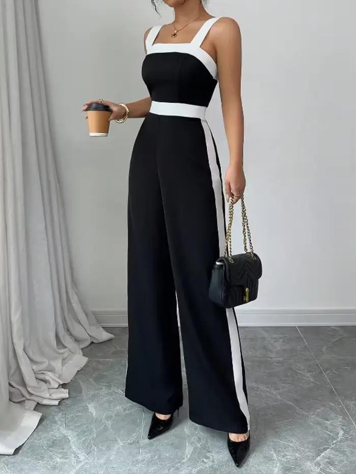 Combinaison noire décontractée pour femmes avec bordure contrastée blanche, col carré, idéale pour l