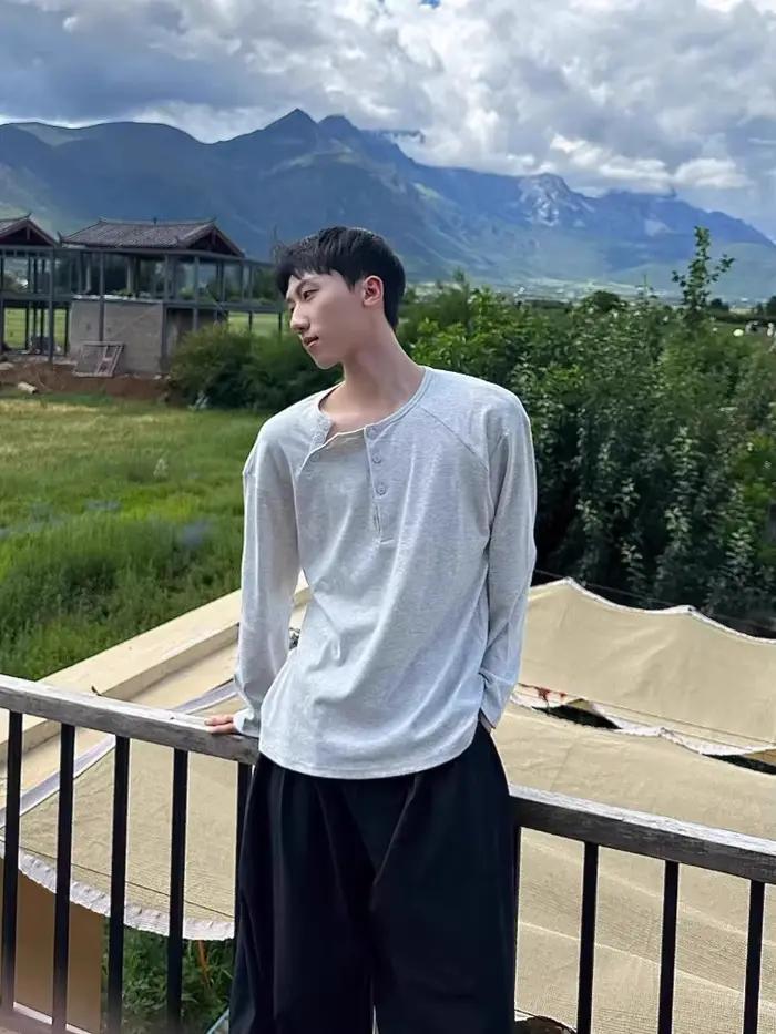 American Slouchy Henley t-shirt à manches longues hommes printemps automne surdimensionné petit haut