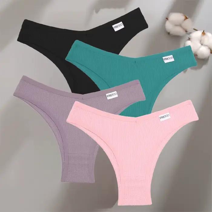 Culotte Brésilienne en Coton Respirant pour Femme, Taille Basse, String Gaufré, Couleur Unie, Linger