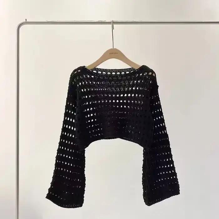 Haut en crochet résille à manches longues, pull court pour femme, chemisier ajouré d'été, tenue grun