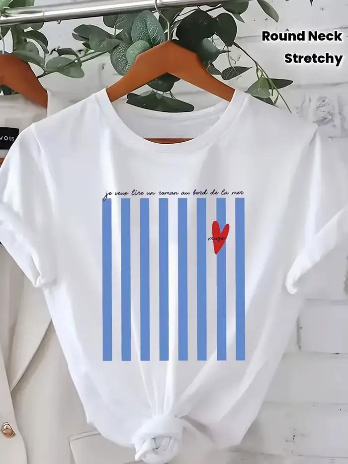 T-shirt d'été imprimé à motif rayé bleu clair pour femmes, col rond, manches courtes, vêtements déco