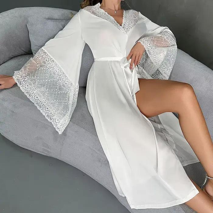 Peignoirs en Satin Sexy à manches longues, amples, pour femmes, Robe de mariée blanche, Robes de mar