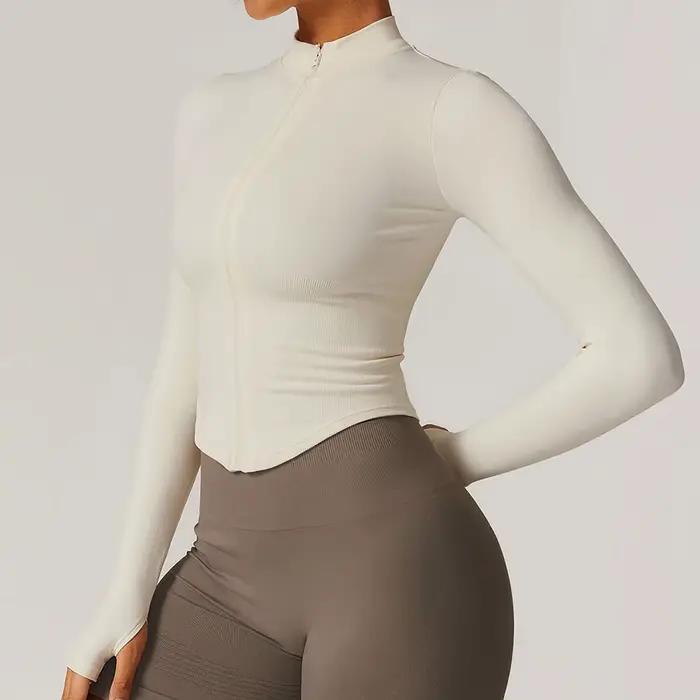 Veste à fermeture éclair pour femmes, haut court, T-shirts de Yoga, haut de Sport solide, chemises d