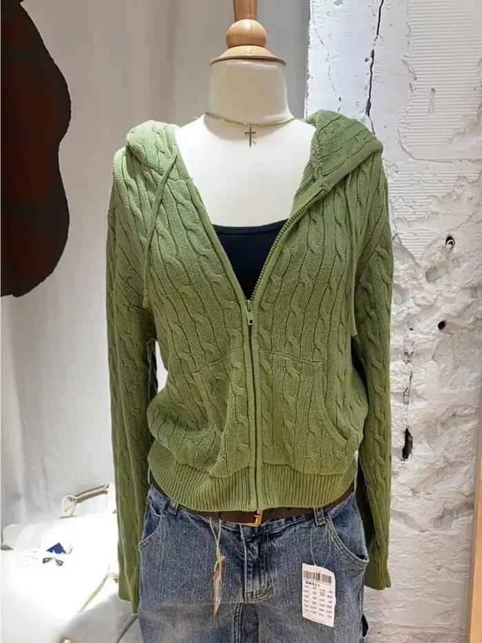 Cardigan vert torsadé à fleurs, pull à manches longues avec fermeture éclair et capuche pour femme, 
