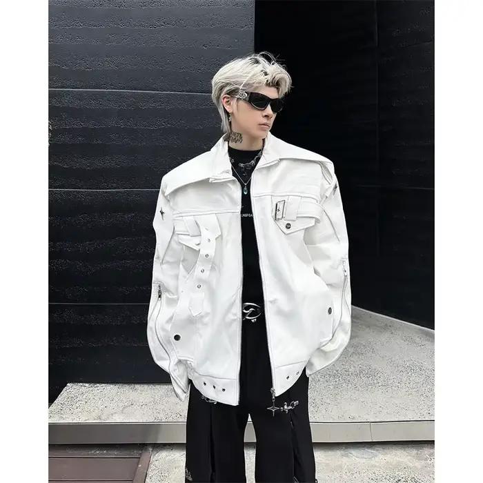 Manteau de moto en cuir blanc déconstructif pour hommes, Style printemps-automne américain High Stre