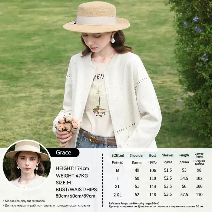I BELIEVE YOU Blouson de baseball zippé pour femme, blanc cassé, printemps, avec bordure cousue mouc