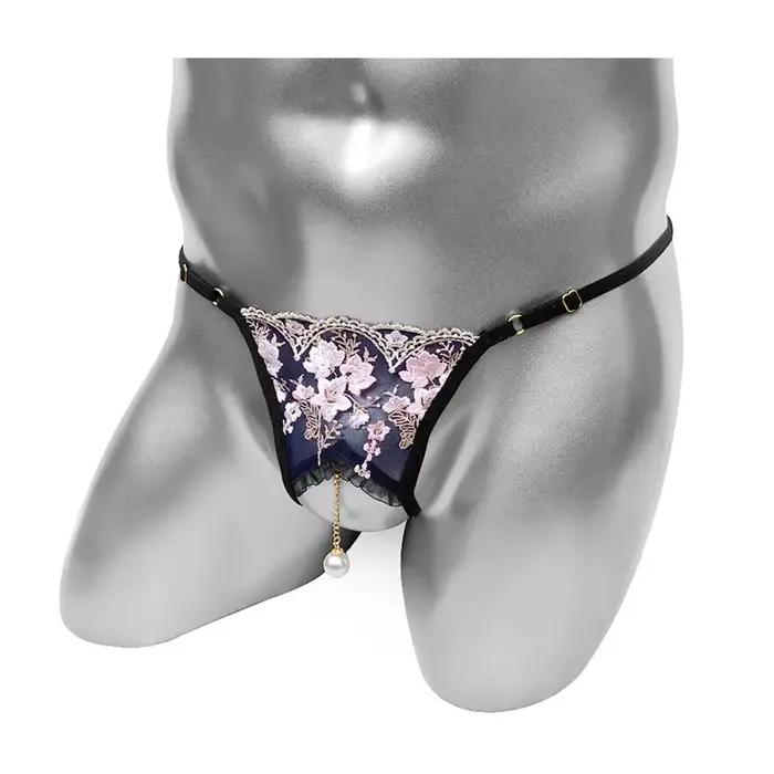Lingerie pour hommes avec pendentif en perles, sous-vêtements t-back, dentelle florale, string, Biki