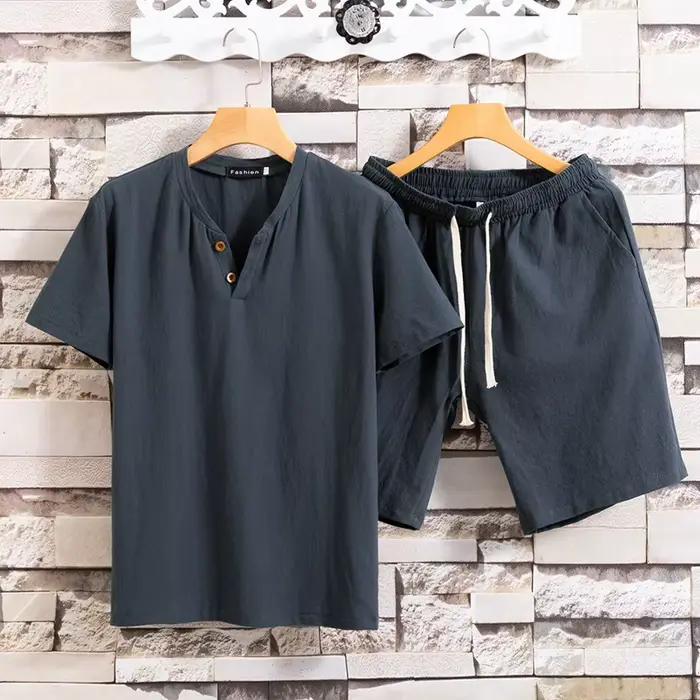 Ensemble de t-shirts à manches courtes pour hommes, été, coton et lin, couleur unie, deux pièces, vê