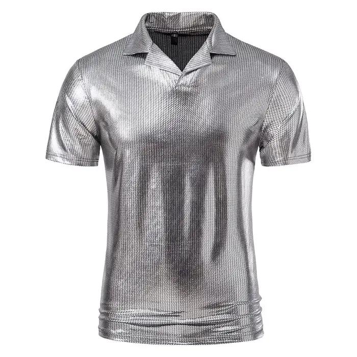 T-shirt à col et manches courtes pour homme, doré gaufré, style urbain brillant, en fibre de polyest