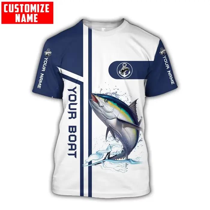 T-shirt unisexe à manches courtes imprimé 3D pour hommes, pêche au thon et au marlin, nom personnali