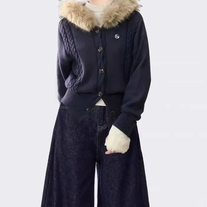 Veste pull à col en fourrure à capuche, Cardigan court d'automne et d'hiver, sweat-shirt tricoté, pe