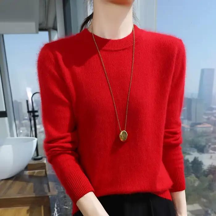 Pull en fourrure de vison monochrome pour femme, pull en cachemire tricoté, pull à col rond, médicam