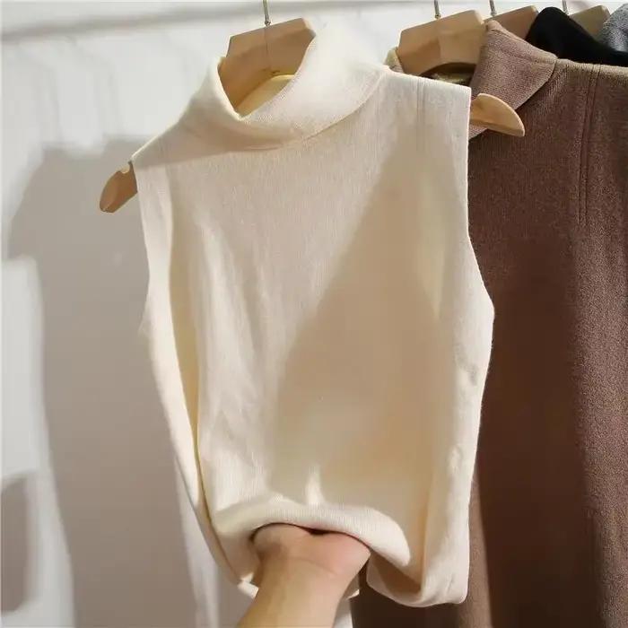 Col roulé sans manches coupe ajustée haut en tricot femmes col haut pull gilet superposition essenti
