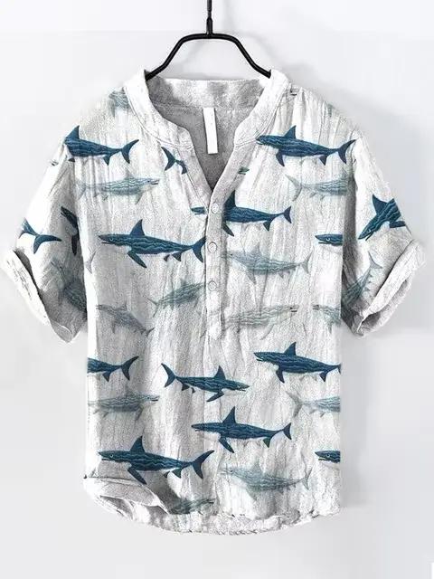 T-shirt à manches courtes imprimé artistique pour hommes, chemise Henry à col en V, mode estivale, u