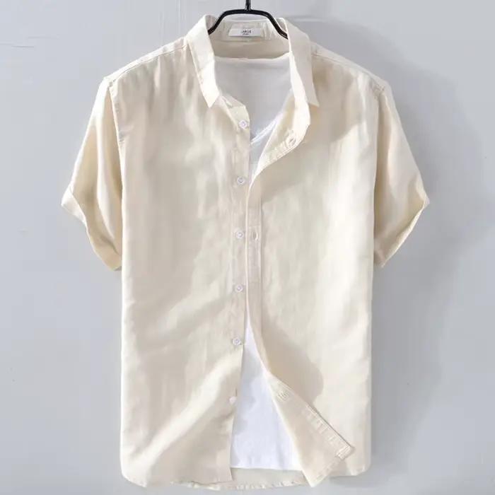 Chemise à manches courtes en lin pur pour hommes, chemise blanche en coton et lin, haut décontracté 