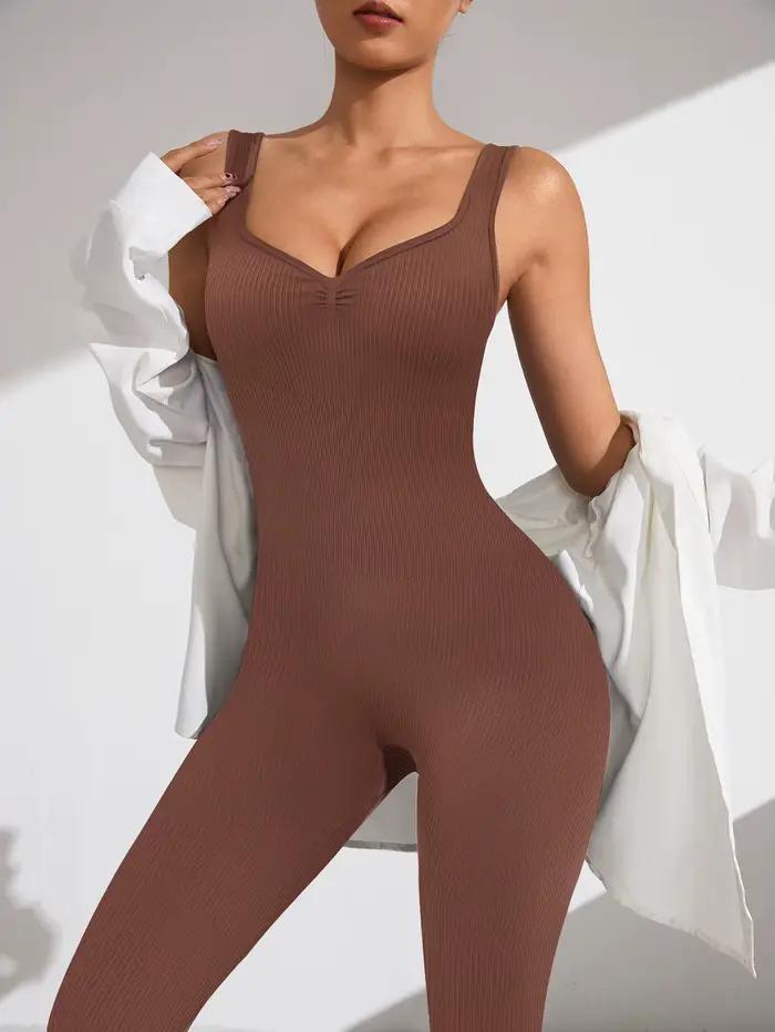 Combinaisons de Yoga une pièce pour femmes, col en v, sans couture, couleur unie, contrôle du ventre