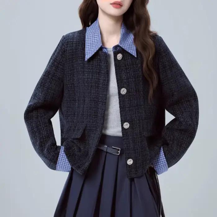 Veste en tweed à carreaux bleu marine pour femme, manteau à manches longues tendance automne, style 