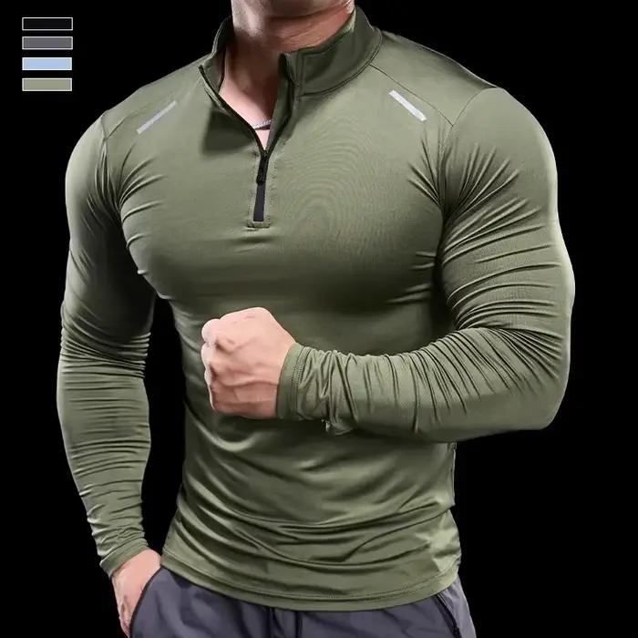 T-shirt à manches longues avec col montant et fermeture éclair pour homme, élastique, serré, t-shirt