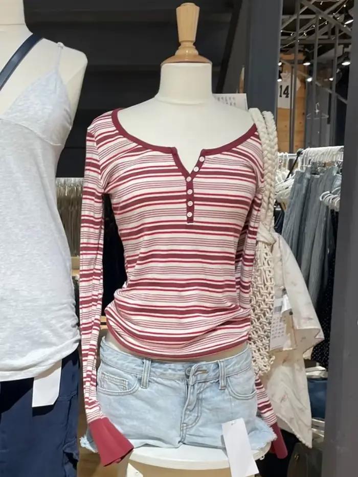 T-shirt à manches longues pour femmes, rayé rouge, Six boutons, col rond, en coton, Slim, nouveau st