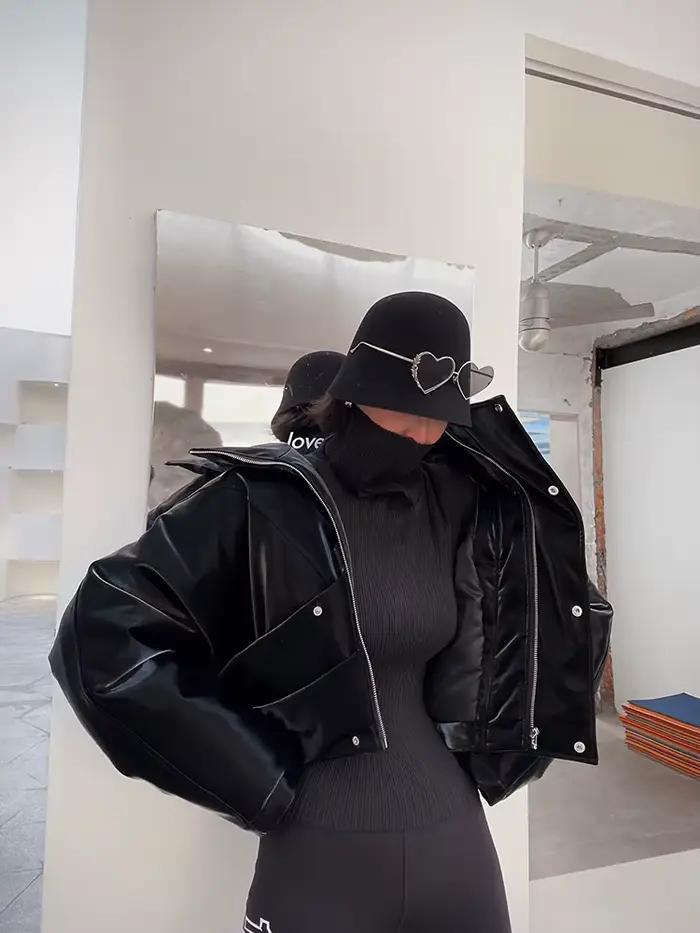 Lautaro-Veste en Cuir Verni à Fermeture Éclair pour Femme, Blouson Court Brcorporelle à Manches sulf