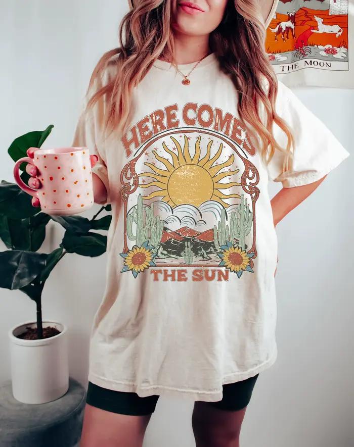 T-shirt rétro pour femmes, grande taille, été, Here Comes The Sun, en coton, respirant, élégant, pol