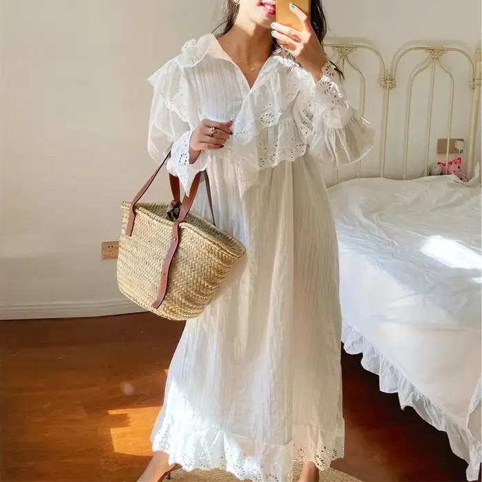 Robe à volants évasée à manches longues pour femmes, coton blanc, broderie florale, robes en dentell