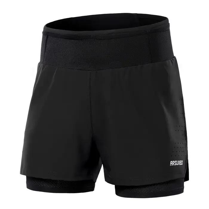 Arsuxbones-Short de course 2 en 1 pour homme, taille haute, athlétique, sport, entraînement, avec po