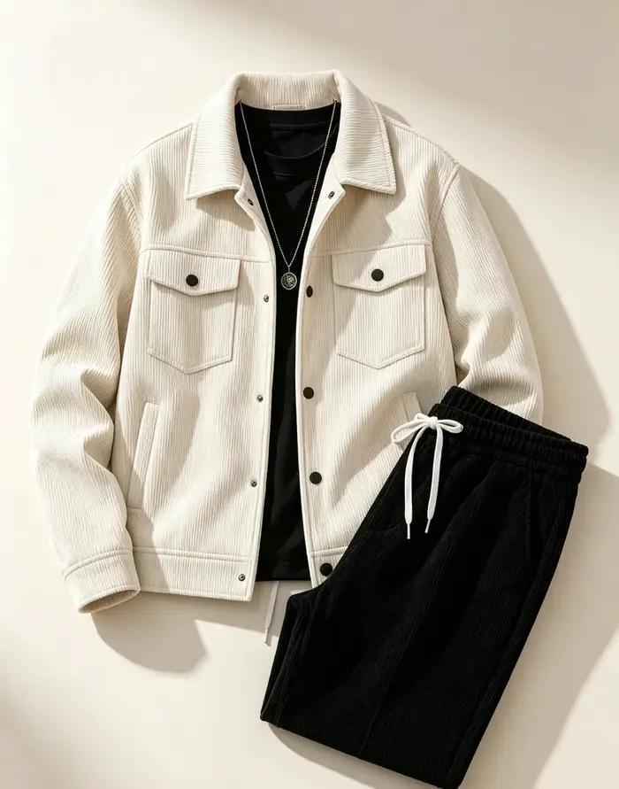 Ensemble veste et pantalon en velours côtelé pour hommes, couleur unie, tenue décontractée à la mode