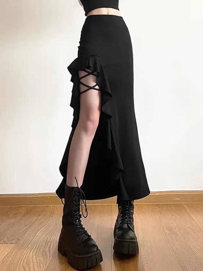 Orifice Goth-Jupe fendue irrégulière taille haute pour femmes, Streetwear grunge, Vêtements vintage 