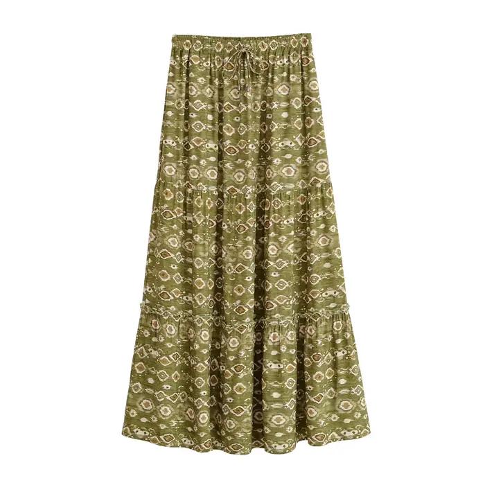 Jupe longue bohème chic vintage pour femme, imprimé floral géométrique, taille haute élastique, styl