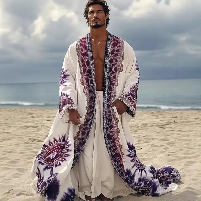 Cardigan ethnique Vintage imprimé numérique pour hommes, manches longues, chemise de nuit ample, Tre