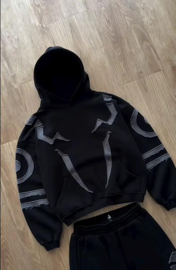Ensemble sweat-shirt à capuche noir inspiré de la mode masculine et pantalon de jogging streetwear a