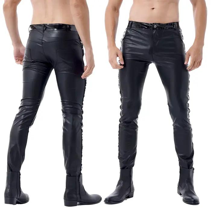 Pantalon Long en Latex pour hommes, brillant, aspect mouillé, en cuir PU, brillant, taille moyenne, 