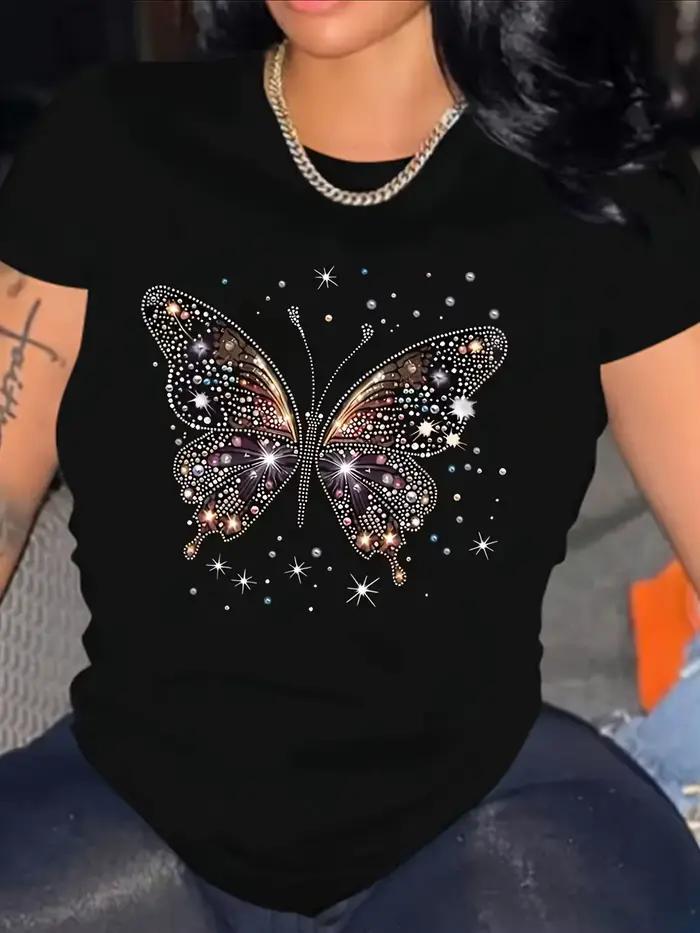 T-Shirt papillon doux pour femmes, décontracté, manches courtes, col rond, coupe régulière, imprimé 