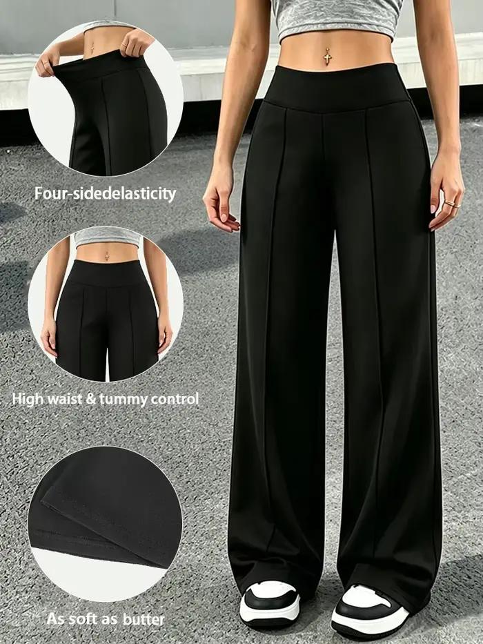 Pantalon de yoga noir taille haute pour femme, pantalon droit à jambes larges, idéal pour le fitness