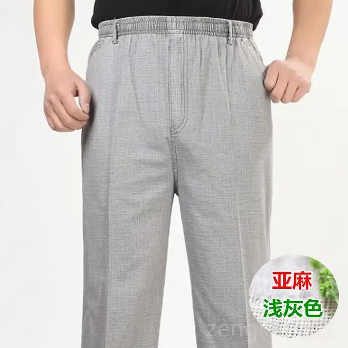 Pantalon d'été décontracté en coton et lin pour homme d'âge moyen, pantalon élastique pour grand-pèr