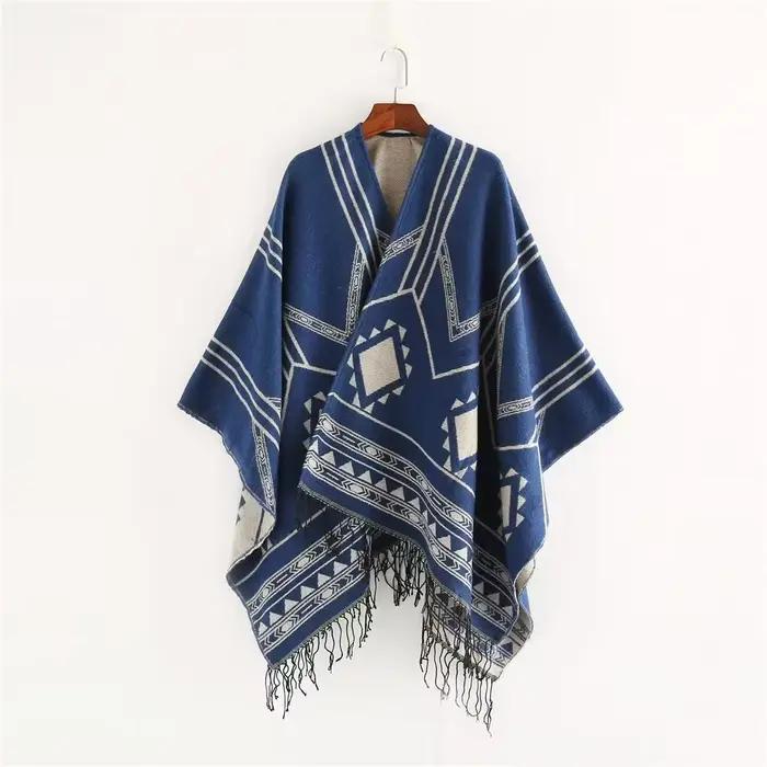 Nouvelle cape poncho pour femme, style indien népalais, à franges géométriques, chaude, idéale pour 