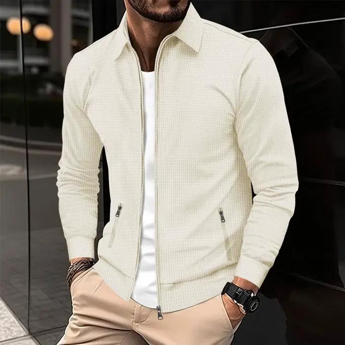 Veste zippée texturée gaufrée pour homme, col rabattu, manches longues décontractées avec poches lat