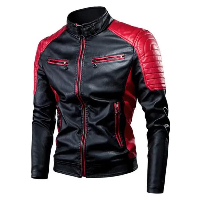 Veste classique en cuir PU pour homme, col montant, revers de moto, multi-poches, veste de cyclisme,
