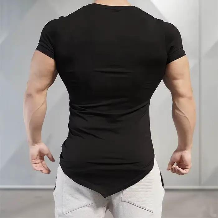 Couleur unie à manches courtes coupe ajustée col en v chemises gymnase musculation Fitness Muscle T-