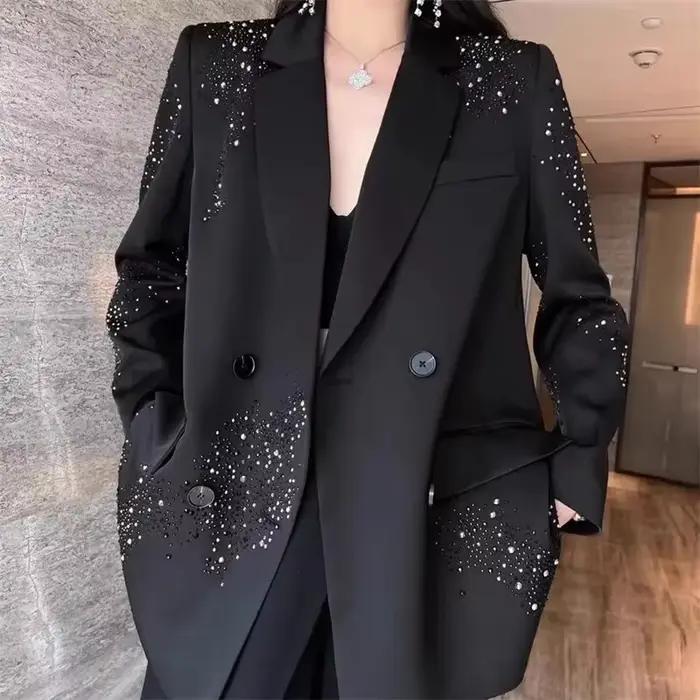 Noir haute qualité strass petit costume veste femme manteaux 2025 printemps automne Double boutonnag