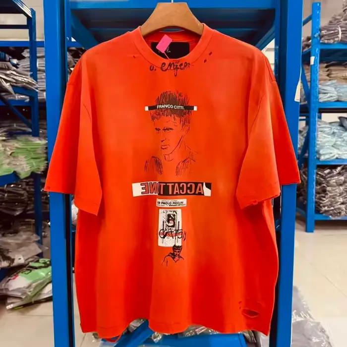 T-shirt vintage pour homme des années 90, rouge, délavé à l'acide, effet usé, surdimensionné, PALY, 