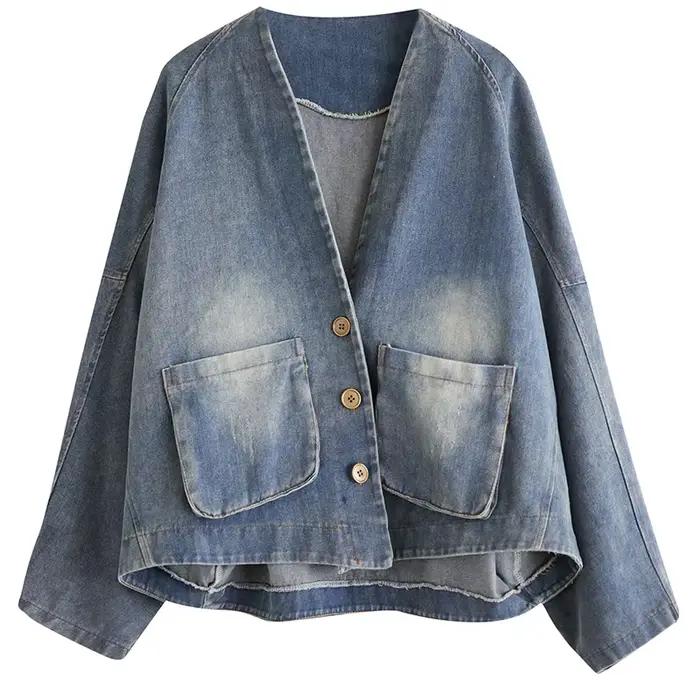 Veste en jean décontractée à manches longues pour femme, col en V, style vintage, nouvelle collectio